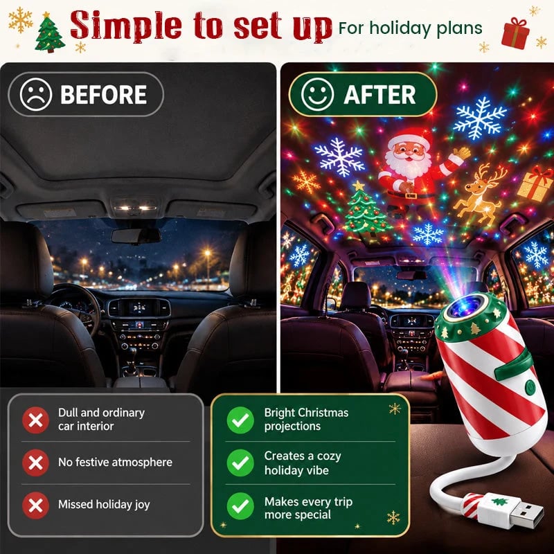 Illustrative comparison of plain and festive lighting in a stationary car