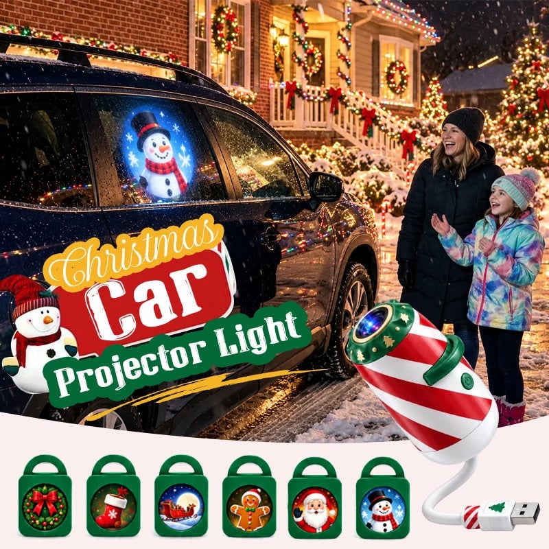 USB Christmas car projector with festive patterns and six sample design inserts