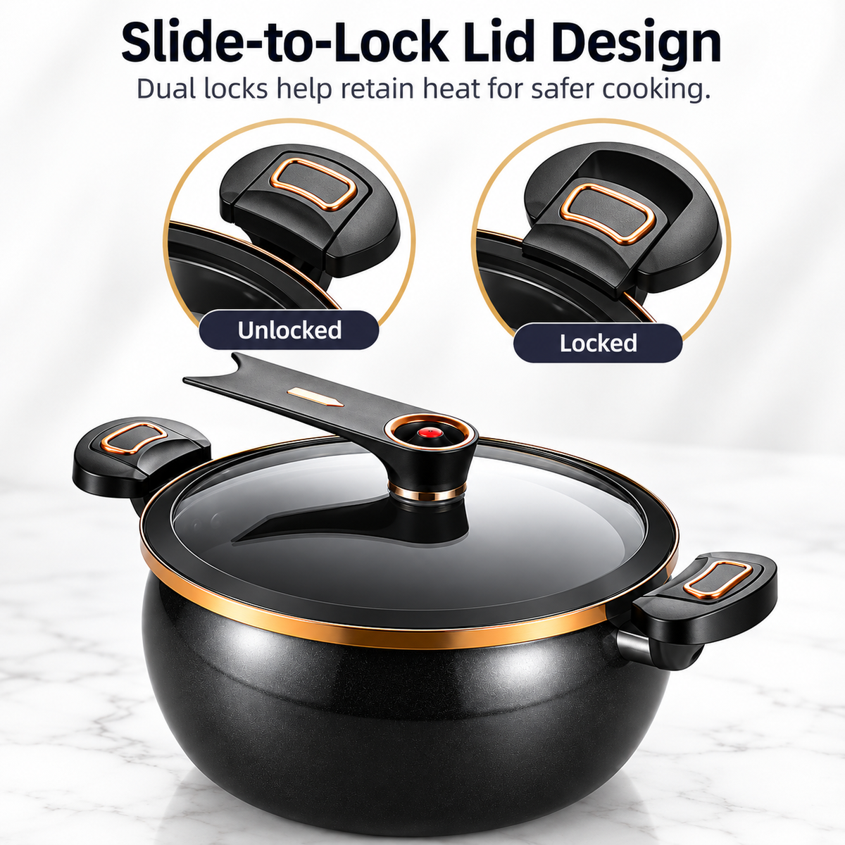 Slide-to-lock lid and handle locking detail