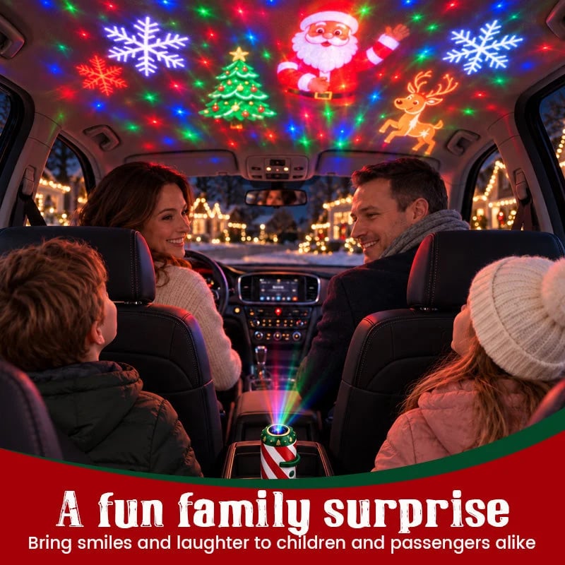 Illustrative stationary car interior with colorful Christmas projected light patterns