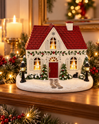 Variante A: klassisches Weihnachtshaus mit rotem Dach in einer warmen Kaminsims-Szene