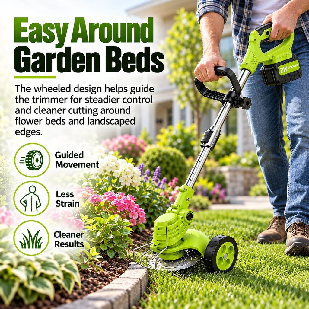 Green 21V cordless trimmer cutting lawn grass around a flower bed