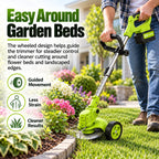 Green 21V cordless trimmer cutting lawn grass around a flower bed