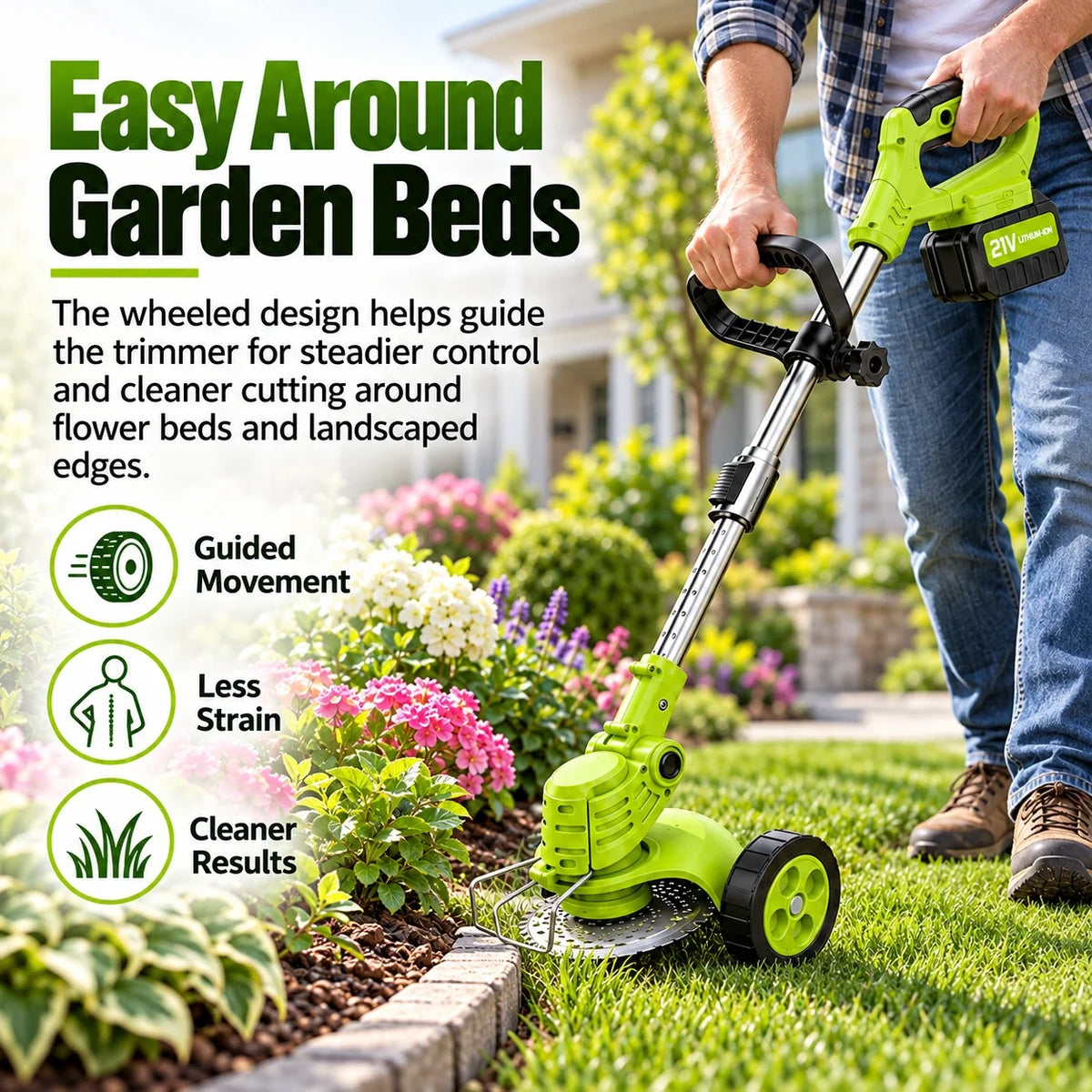Green 21V cordless trimmer cutting lawn grass around a flower bed