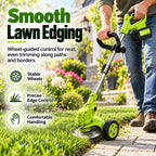Wheel-guided 21V grass trimmer trimming grass beside a paved path