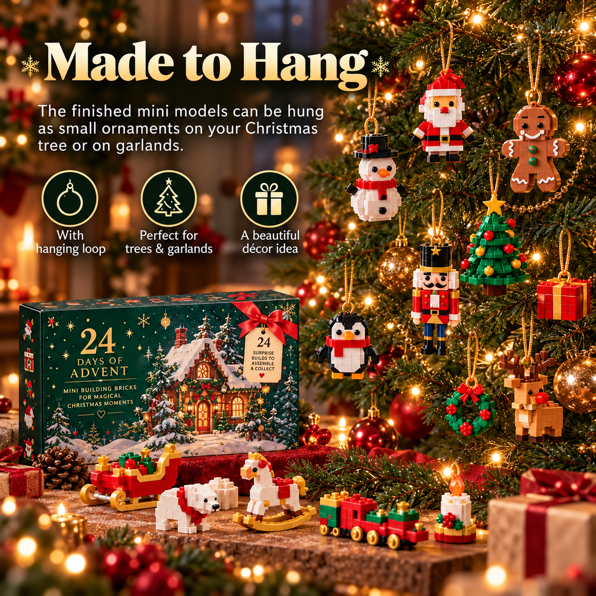 Mini Christmas ornaments on a tree