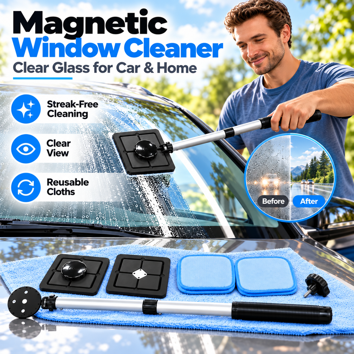 Clearer Glass for Car & Home - magnetic glass cleaner kit