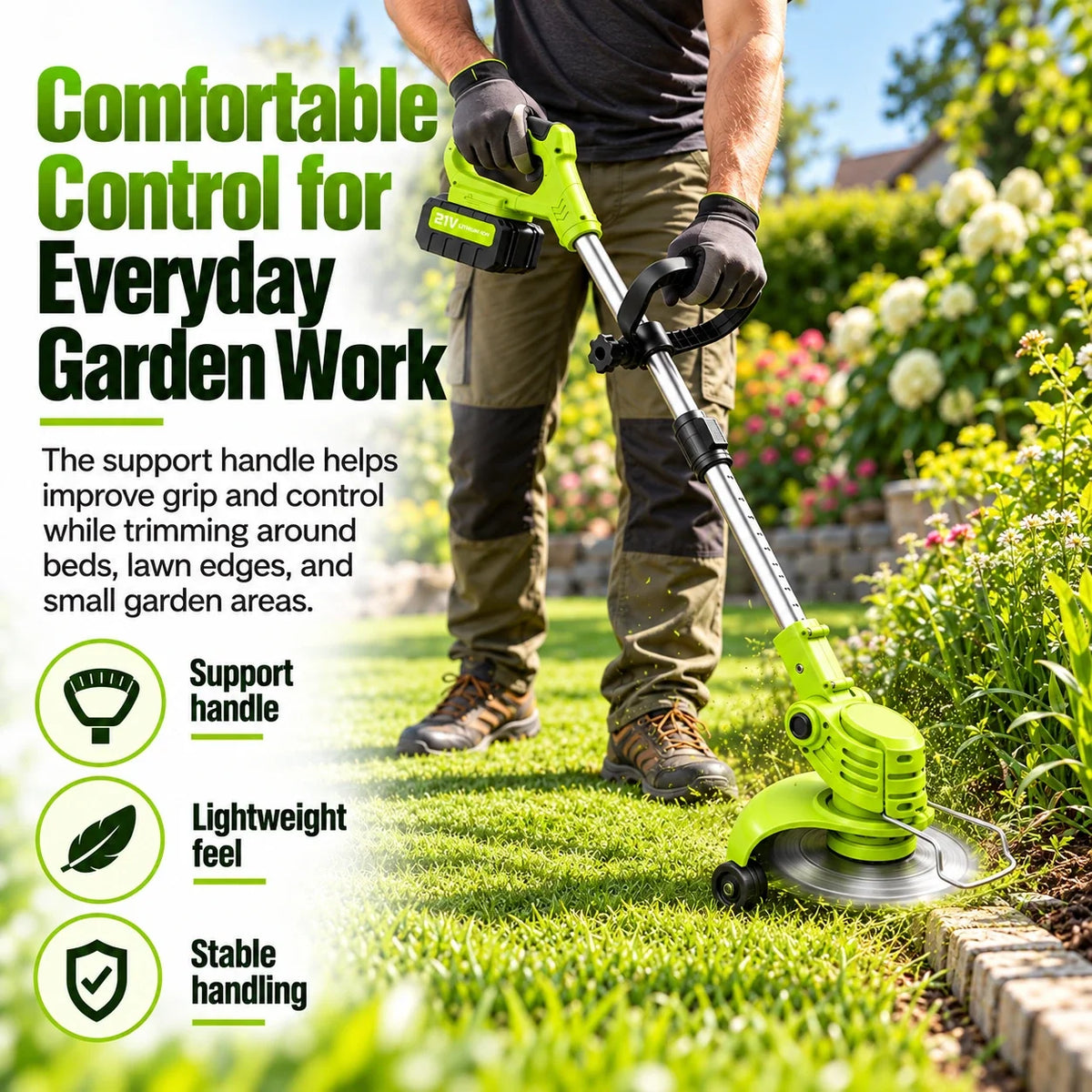 Cordless grass trimmer with auxiliary handle for two-handed control