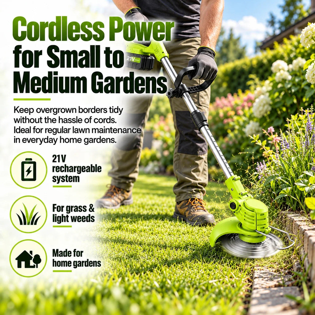21V cordless grass trimmer in a home garden