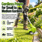 21V cordless grass trimmer in a home garden