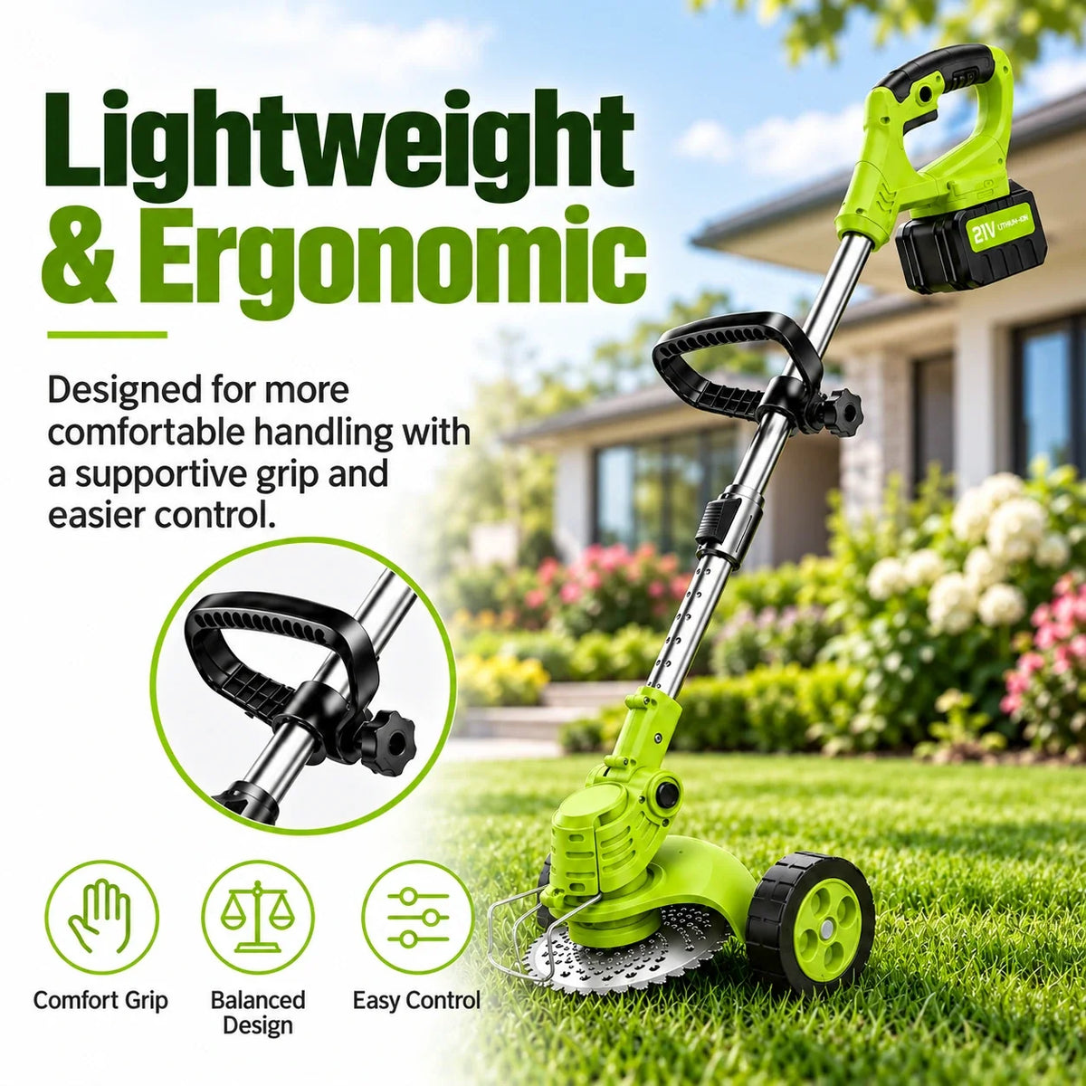 Adjustable shaft and ergonomic support handle on the cordless grass trimmer