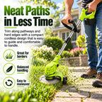 Cordless grass trimmer edging beside a garden path