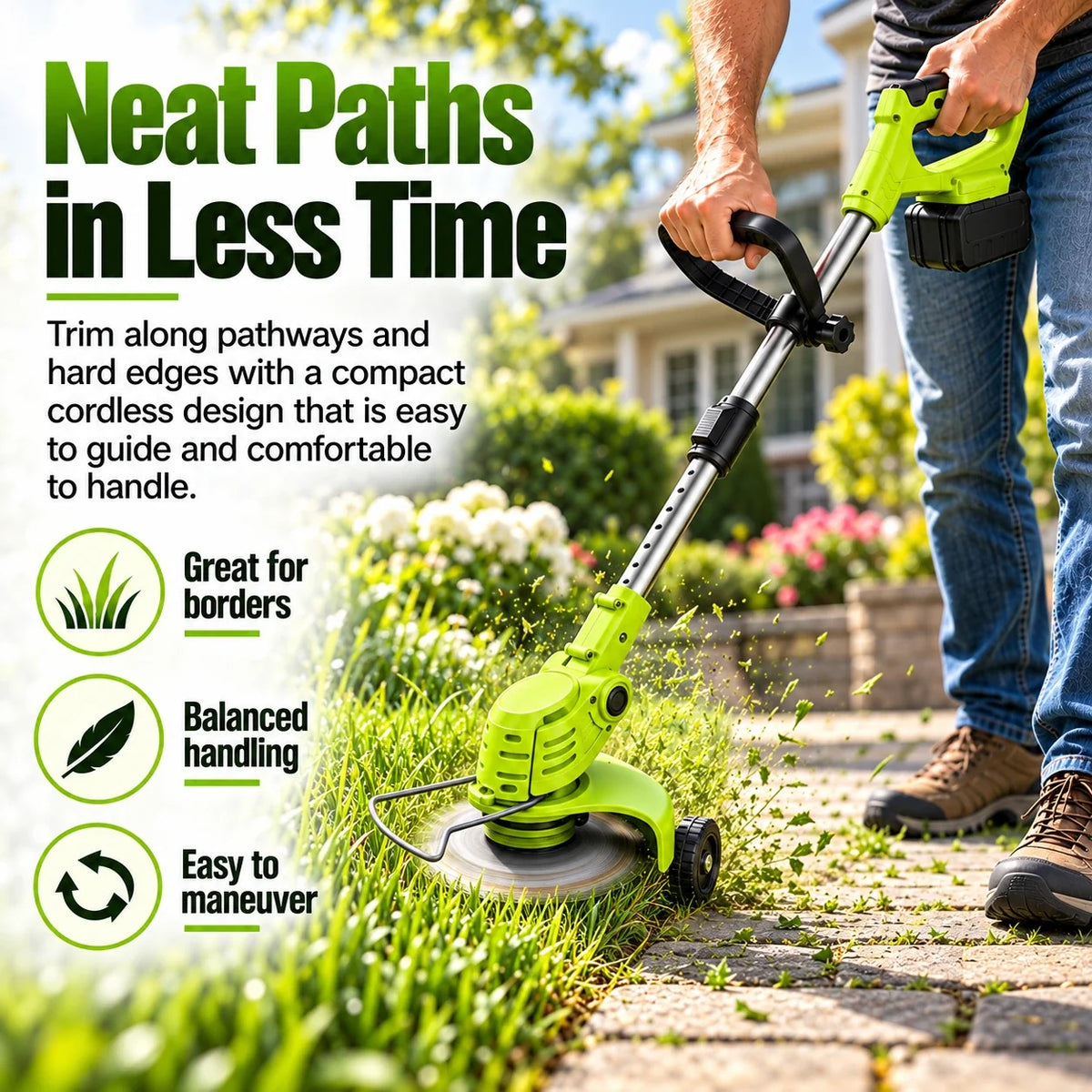 Cordless grass trimmer edging beside a garden path