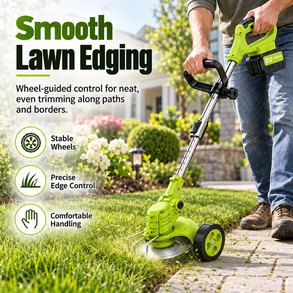 Cordless 21V grass trimmer edging a lawn with wheel-assisted guidance and natural blade-motion effect