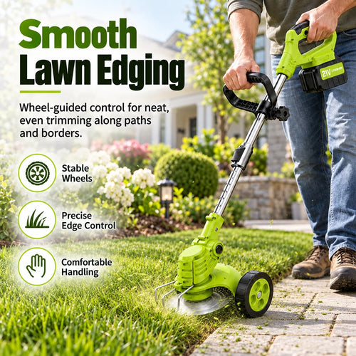 Cordless 21V grass trimmer edging a lawn with wheel-assisted guidance and natural blade-motion effect