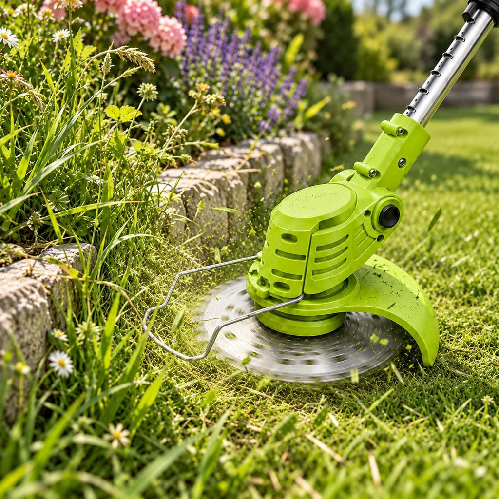 Close-up view of green cordless trimmer cutting head and grass-trimming operation