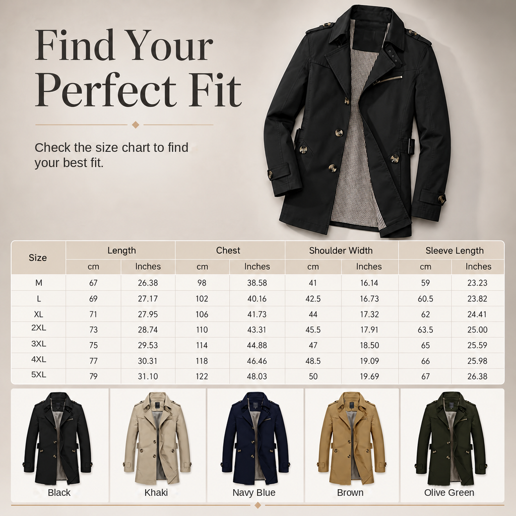Men's jacket size chart M–5XL, centimeters and inches, with Black, Khaki, Navy Blue, Brown and Olive Green options.