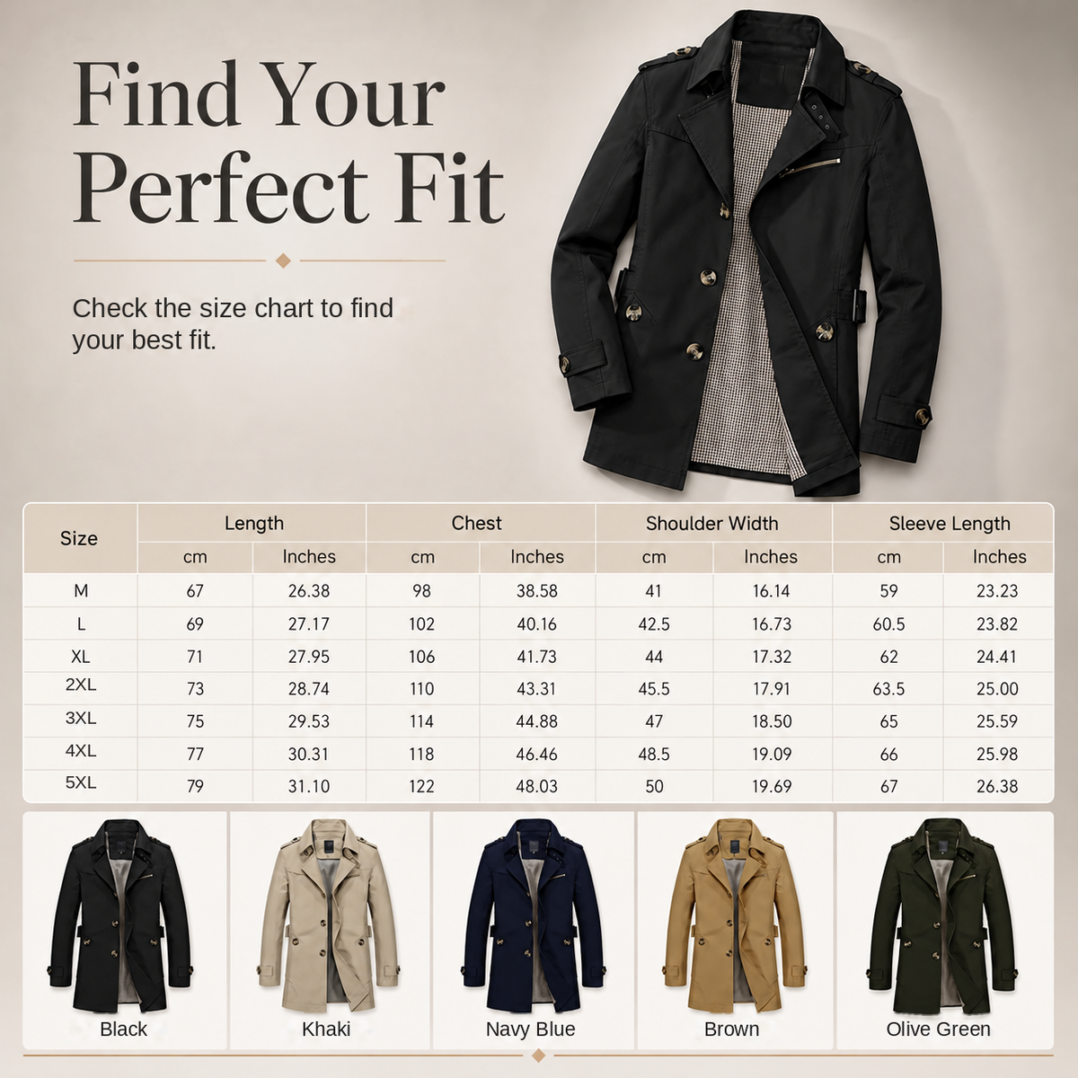 Men's jacket size chart M–5XL, centimeters and inches, with Black, Khaki, Navy Blue, Brown and Olive Green options.